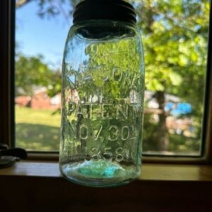 VINTAGE BLUE MASON JAR, NOV 30th 1858 PATENT WITH ZINC BALL LID, QUART